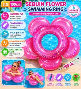 Colac Gonflabil pentru Copii Roz, Model Floare cu Sclipici, 100 cm , PVC Rezistent - Img 2
