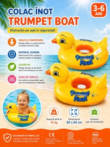 Colac Gonflabil Rățușcă pentru Copii 80x60 cm – Colac Înot cu Mânere, Model Duck Float - Img 2