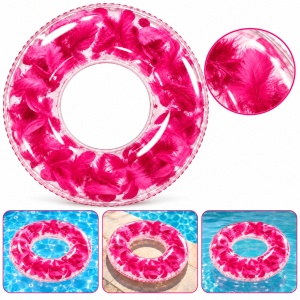 Colac Gonflabil Transparent cu Pene Fucsia, 80 cm – Plajă și Piscină