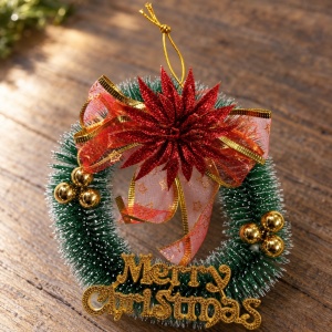 Coroniță de Crăciun artificială cu floare glitter roșie și fundă organza, 22 x 16 cm - Img 7