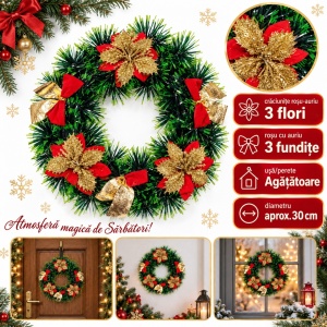 Coroniță de Crăciun cu crăciunițe și fundițe roșu-auriu, agățătoare, 30 cm