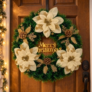 Coroniță de Crăciun cu flori aurii, conuri de pin și inscripție Merry Christmas, 34 x 30 cm - Img 3