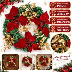 Coroniță de Crăciun cu flori roșii și decor auriu, plastic, 38x35 cm - Img 2