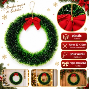 Coroniță de Crăciun din plastic cu fundiță roșie și agățătoare, 32 × 31 cm