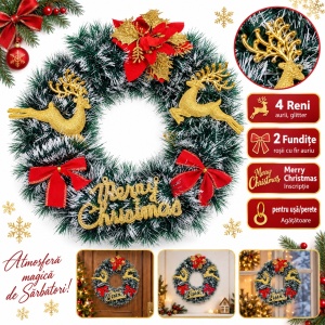 Coroniță decorativă de Crăciun cu reni aurii, fundițe roșii și inscripție Merry Christmas, 40x38 cm - Img 5