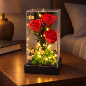 Cupolă cu trandafiri roșii și lumină LED, cu baterii AAA, suport negru, 19x6 cm - Img 3