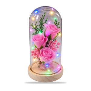 Cupolă decorativă cu trandafiri roz și lumini LED multicolore, plastic, suport lemn, 19 cm - Img 2