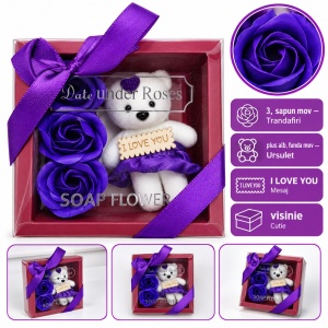 Decoratiune cadou cu 3 trandafiri din săpun și ursuleț I LOVE YOU, mov, cu fundita, 20cm