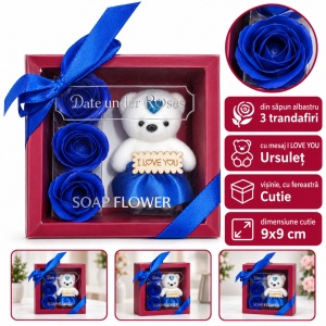 Decoratiune cadou cu 3 trandafiri din săpun și ursuleț I LOVE YOU, albastru, cu fundita, 20cm - Img 2