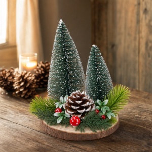 Decorațiune de Crăciun cu 2 brazi, con de pin și ciuperci, bază de lemn, 18 × 12,5 cm - Img 3