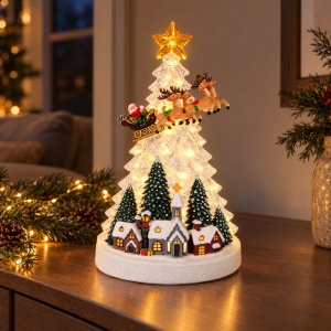 Decoratiune luminoasa de Craciun cu muzica, model cu bradut, peisaj de iarnă și sania Moșului, 27 cm - Img 4