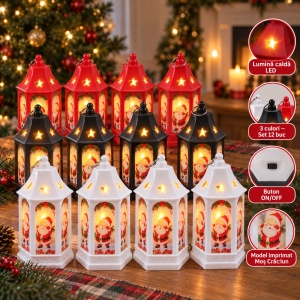 Felinar decorativ de Crăciun cu LED, model Moș Crăciun, set 12 bucăți, din plastic, 15x7,5 cm - Img 3