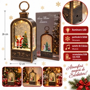 Felinar decorativ de Crăciun, cu lumini LED si muzica, cu figurina Moș Crăciun și brad, 20x8,5 cm