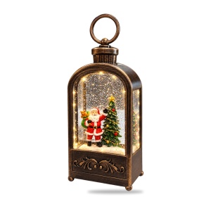 Felinar decorativ de Crăciun, cu lumini LED si muzica, cu figurina Moș Crăciun și brad, 20x8,5 cm - Img 3