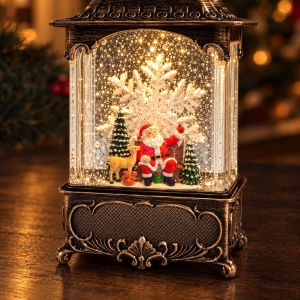 Felinar decorativ de Crăciun cu lumini LED si muzica, model cu Fulg de Nea Rotativ, 23x10 cm - Img 4