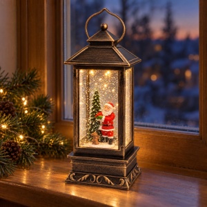 Felinar decorativ de Crăciun cu lumini LED și muzică, model cu Moș Crăciun, 28x10 cm - Img 4