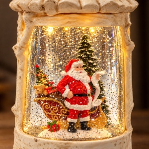 Felinar decorativ de Craciun cu Mos Craciun,cu lumini LED si muzica, crem, 23x9 cm - Img 4