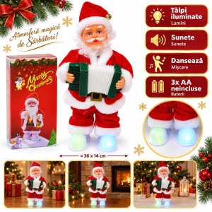 Figurina Mos Craciun animat cu acordeon, sunete, lumini si dans, baterii AA, 29 cm