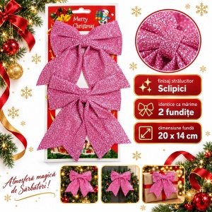 Fundă decorativă de Crăciun cu sclipici, 2 fundițe roz, 20 x 14 cm - Img 5