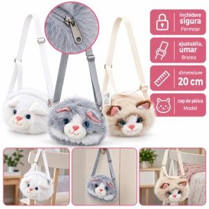 Gentuță de umăr pentru copii, model pisicuță, blăniță plușată, fermoar, 20 cm - Img 2