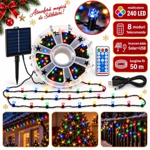 Instalatie de Craciun solara tip rola, 50m, 240 LED multicolor, telecomanda, incarcare USB - Img 6