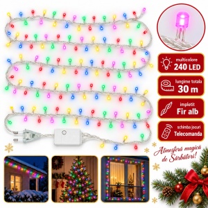 Instalatie LED Tip Liniara, 30 m, 240 LED Multicolor, fir alb, multiple jocuri de lumini