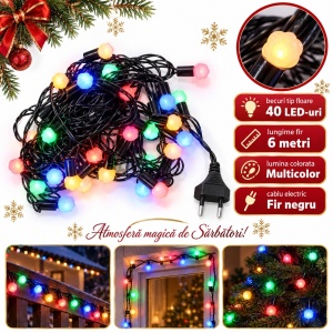 Instalatie LED Tip Liniara, 6 m, 40 LED-uri Multicolor, Fir Negru, model LED in forma de floare - Img 2