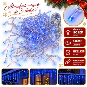 Instalatie LED tip turturi, 120 LED, lumina albastra, 4 m, interconectabila