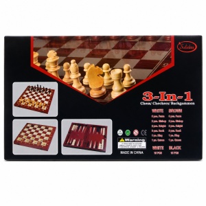 Joc 3 in 1 Sah, Table si Dame din Lemn maro deschis 50x40 cm Set Complet pentru Familie