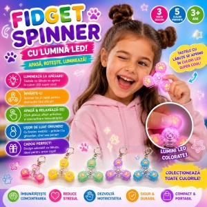 Jucărie Antistres Fidget Spinner cu 3 Taste și Lumini LED – Breloc Sensorial cu Lăbuțe Luminoase