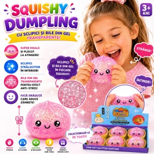 Jucărie Antistres Squishy Dumpling cu Sclipici și Bile din Gel Transparente, 8.5 cm – Moale, Elastică, Fidget Toy