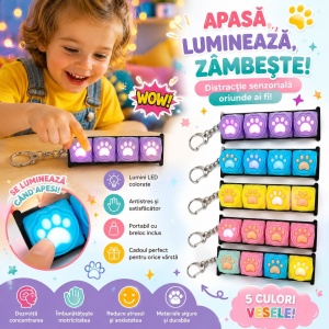 Jucărie Antistres Tastatură Fidget cu Lumini LED și Breloc – Pop It Senzorial Portabil, Model Lăbuță - Img 3