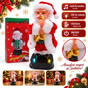 Moș Crăciun decorativ cu saxofon, lumini LED și sunete, 22 x 9 cm