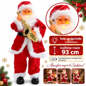 Moș Crăciun decorativ de Crăciun cu saxofon, cântă, dansează, luminează, 93 cm, baterii - Img 6