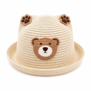 Palarie crem copii cu ursulet, crosetata manual, bumbac, model adorabil