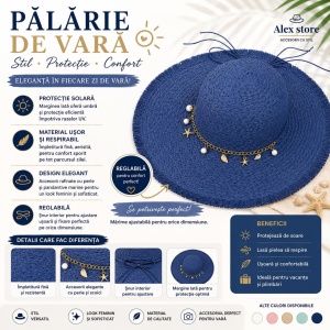 Pălărie Damă Albastru de Vară cu Bor Lat, Franjuri Decorative și Accesorii cu Perle - Img 2