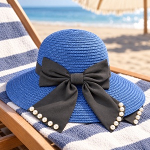 Pălărie de Plajă Albastră cu Fundă Neagră și Perle – Damă - Img 5
