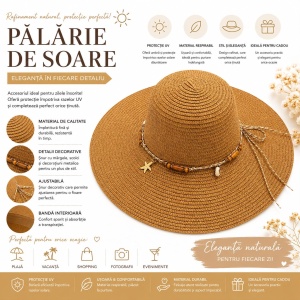 Pălărie de Soare Damă Maro Camel cu Bor Lat și Șnur Decorativ cu Mărgele și Scoici - Img 2