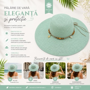 Pălărie de Soare Damă Verde Mentă cu Bor Lat și Accesorii Decorative – Elegantă - Img 2