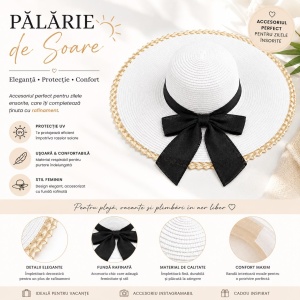 Palarie de Soare pentru Dama Alba cu Boruri Largi si Funda Neagra - Img 2