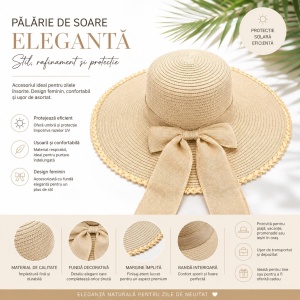 Palarie de Soare pentru Dama Bej cu Boruri Largi si Funda Eleganta - Img 2