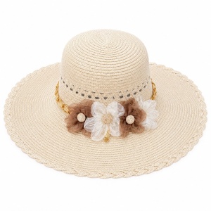 Palarie de Soare pentru Femei, Crem, cu Floricele Decorative