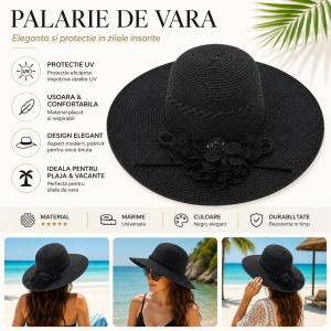 Palarie de vara dama neagra eleganta cu floare decorativa si protectie UV pentru plaja - Img 2