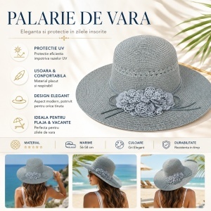 Palarie de Vara Eleganta pentru Femei, Gri Deschis cu Flori Decorative si Bor Lat - Img 2