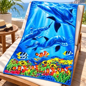Prosop de Plajă cu Delfini și Pești Tropicali – Design Marin Colorat - Img 3