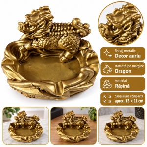 Scrumieră decorativă din rășină cu statuetă de dragon auriu, 11x9 cm