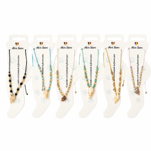 Set 12 bratari de picior Roxe, 20cm, cu scoici si margele colorate, reglabile