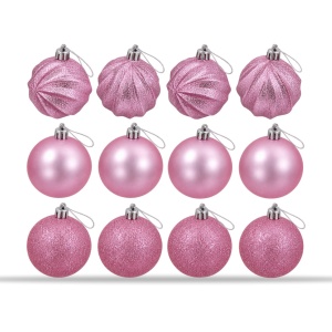 Set 12 globuri de brad roz, modele asortate, cu sclipici, 17 × 12 cm
