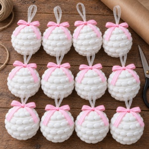 Set 12 globuri de Crăciun din material textil, alb cu fundă roz, 34x24x7cm - Img 4