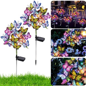 Set 2 Lămpi Solare LED pentru Grădină, Multicolore, Fluturi Decorativi din Plastic